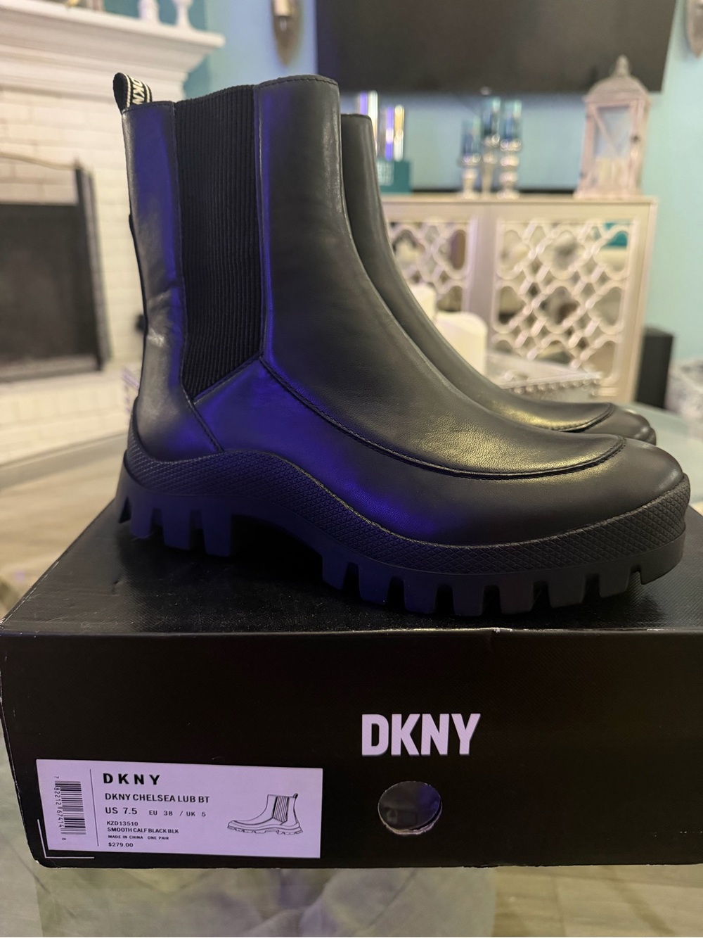 DKNY Black Leather Chelsea Lug Boots